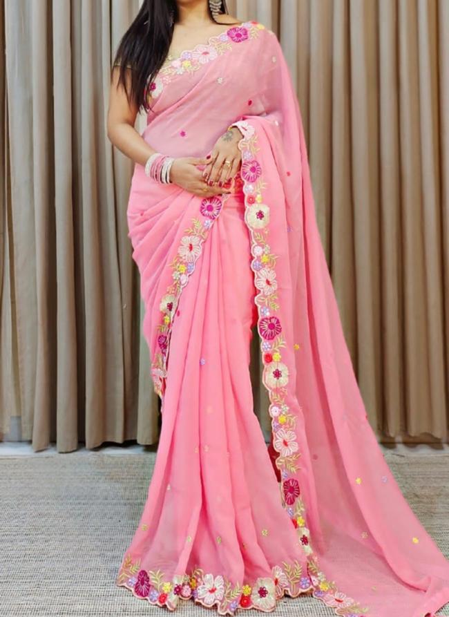 Faux Georgette Pink Traditional Wear Embroidery Work Saree